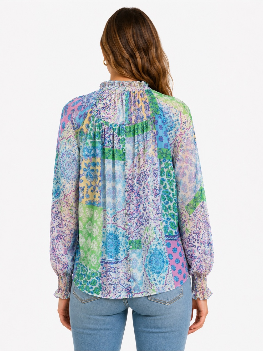 Entro Multi-Color Patchwork Ruffle Henley Blouse - Picture 2 of 2